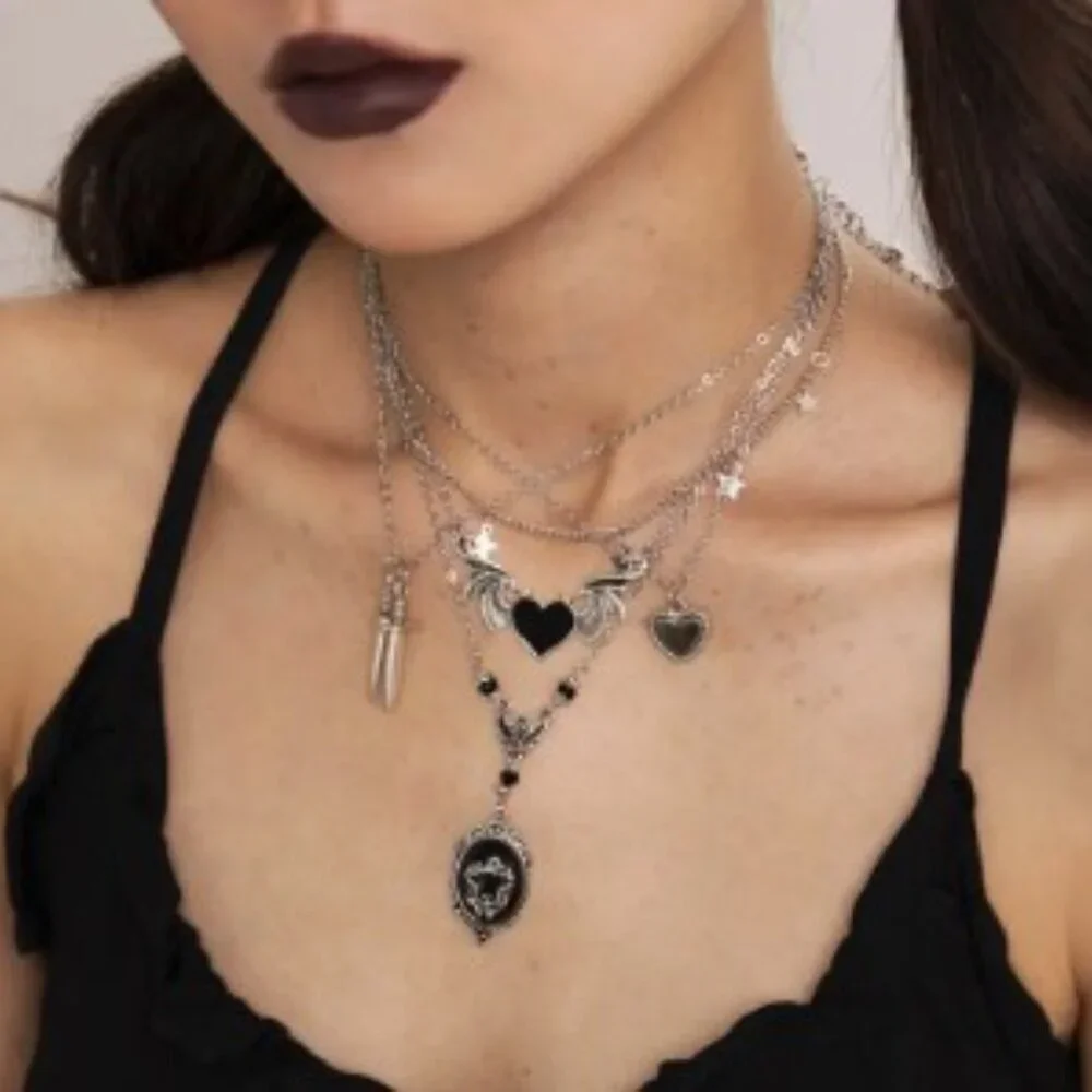 Gothic Heart & Wing Sword Pendant Necklace – Alloy Statement Jewelry - 5 pieces